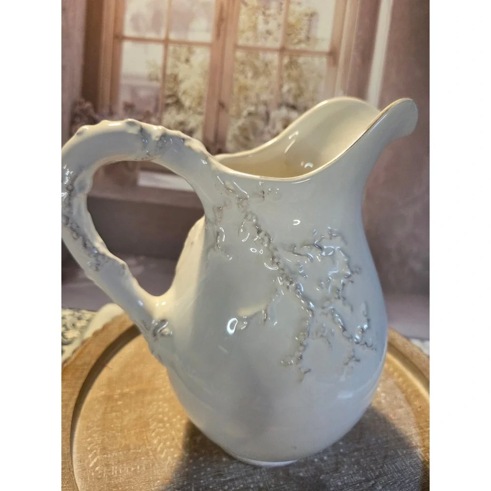 Vintage Italian Style Ceramic Floral‎ Embossed Pitcher Farmhouse Creamer Vase